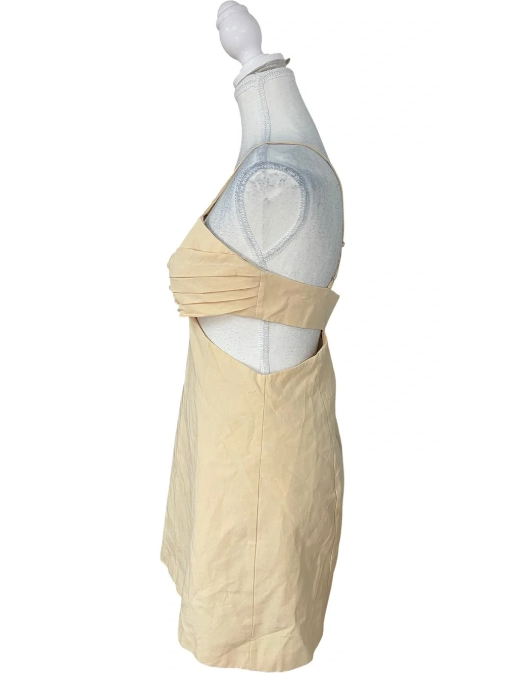 Zara Cutout Ruched Linen Mini Dress Tan Peach